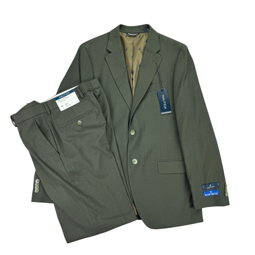 Nautica Mens 2-Piece Modern Fit Active Stretch Solid Suit Olive Green 36R 30W